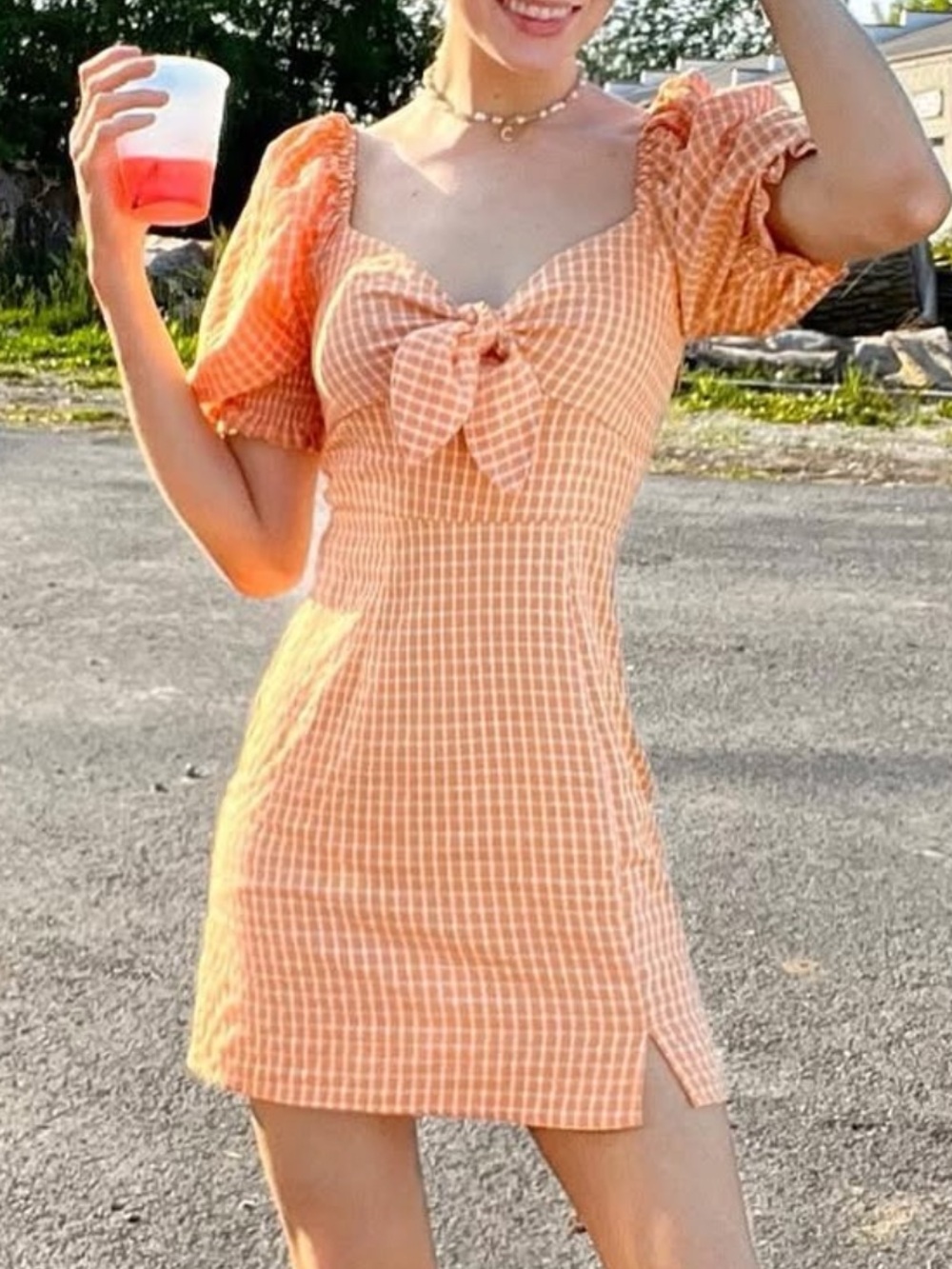 Orange Gingham Puff Sleeve Dress | Altar’d State Summer Milkmaid Dress